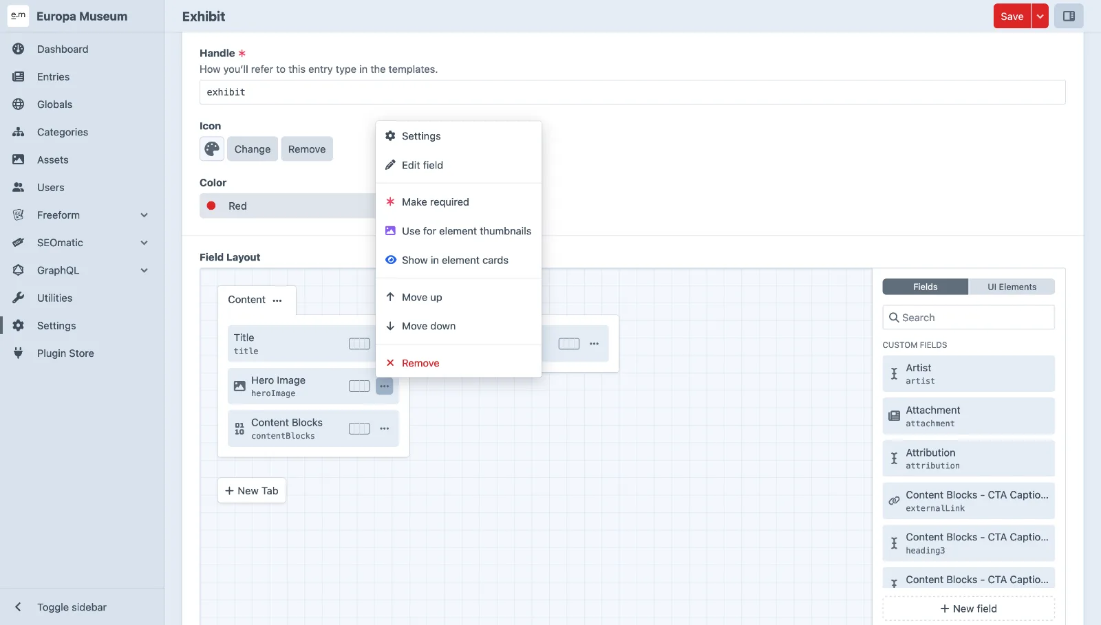 Craft CMS entry type settings: a content model being composed from custom fields.