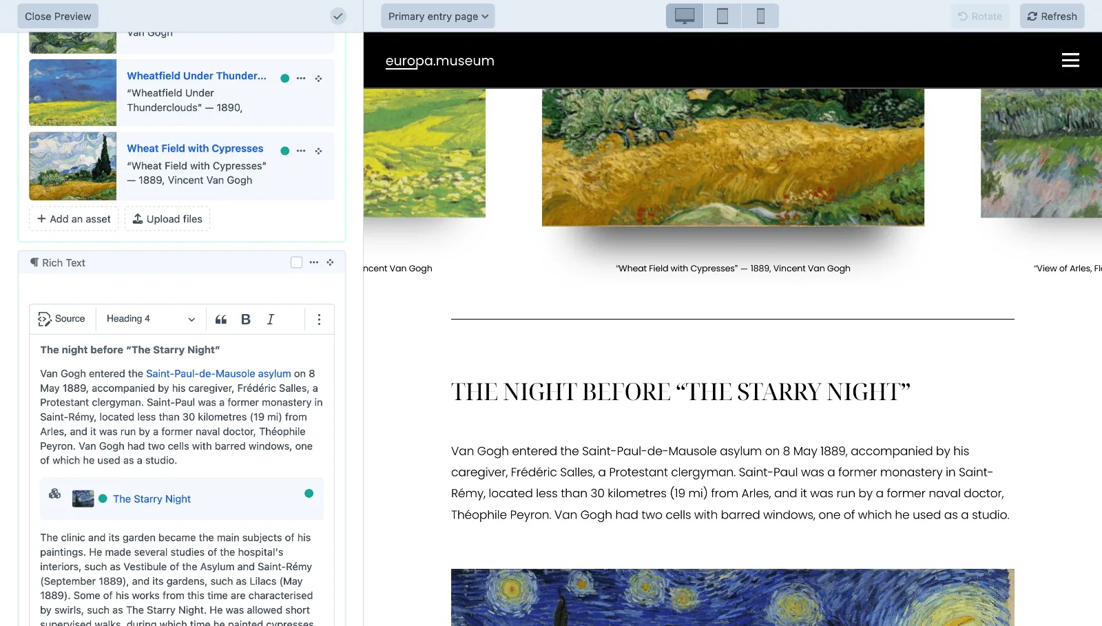 Craft CMS live preview: entry fields on the left with the rendered page updating beside them.