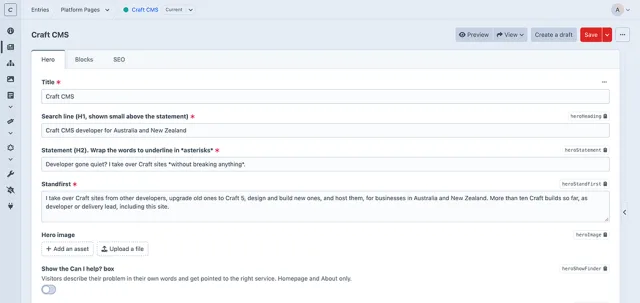 The Craft CMS control panel behind this site: the Website Health Check page, with its hero, blocks, SEO and service listing tabs